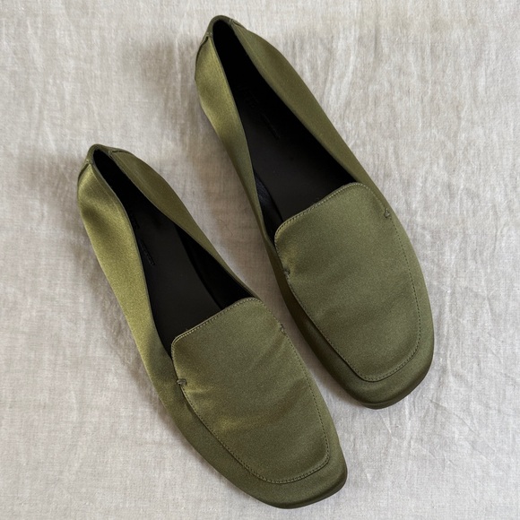 Khaite Monroe Satin Loafers in Olive Green - Picture 1 of 3